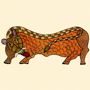 Orange Bull Painted in Traditional Indian Gond Style