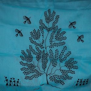 Sky Blue Cotton Stole in Indian Warli Style