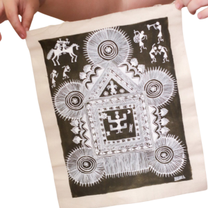 Tan and White Warli Tribal Cloth Painting