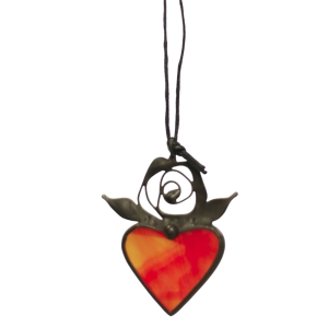 Red Heart Stained Glass Necklace with Delicate Leaves