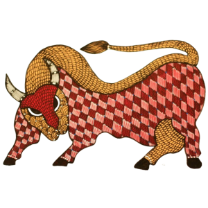 Red and Yellow Bull in Indian Gond Style